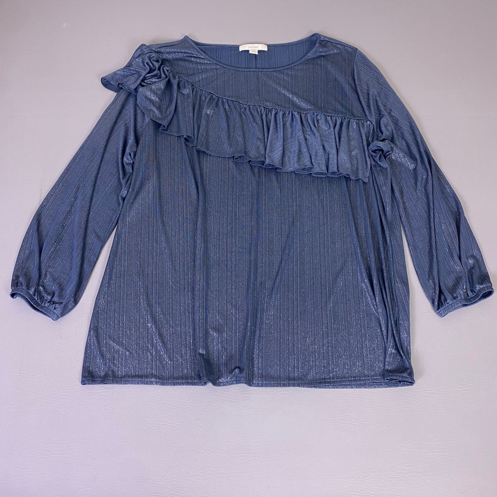 Sejour Blouse Top Women's Plus 2X Blue Metallic Ribbed Ruffle Front 3/4 Sleeve